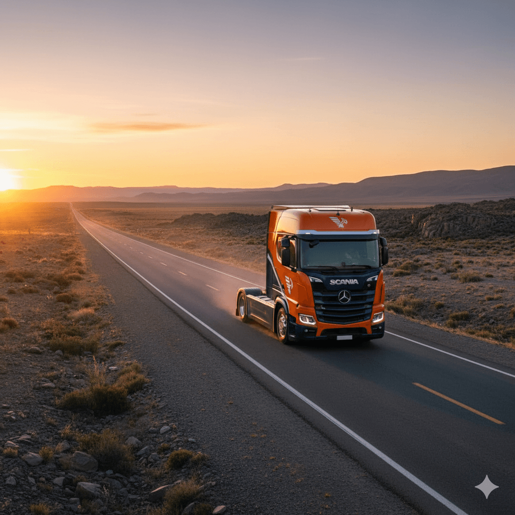 Camión de Nexcargas en una ruta argentina al amanecer