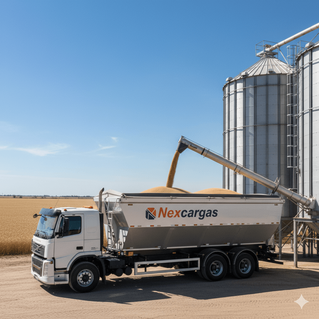 Camión de Nexcargas cargando granos en un silo